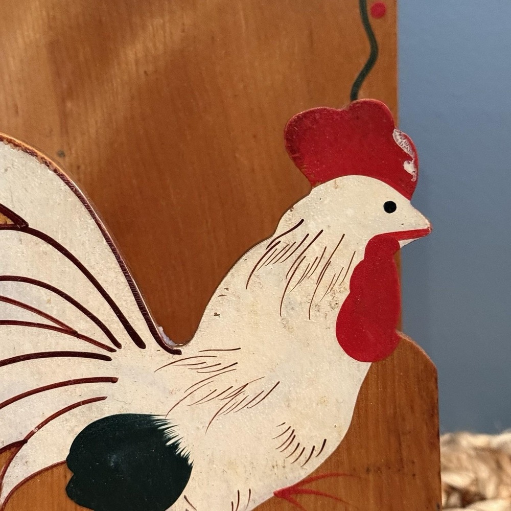 Vintage 50's Hand-Painted Rooster Napkin Holder/Wall Pocket Woodpecker Woodware - Picture 3 of 8